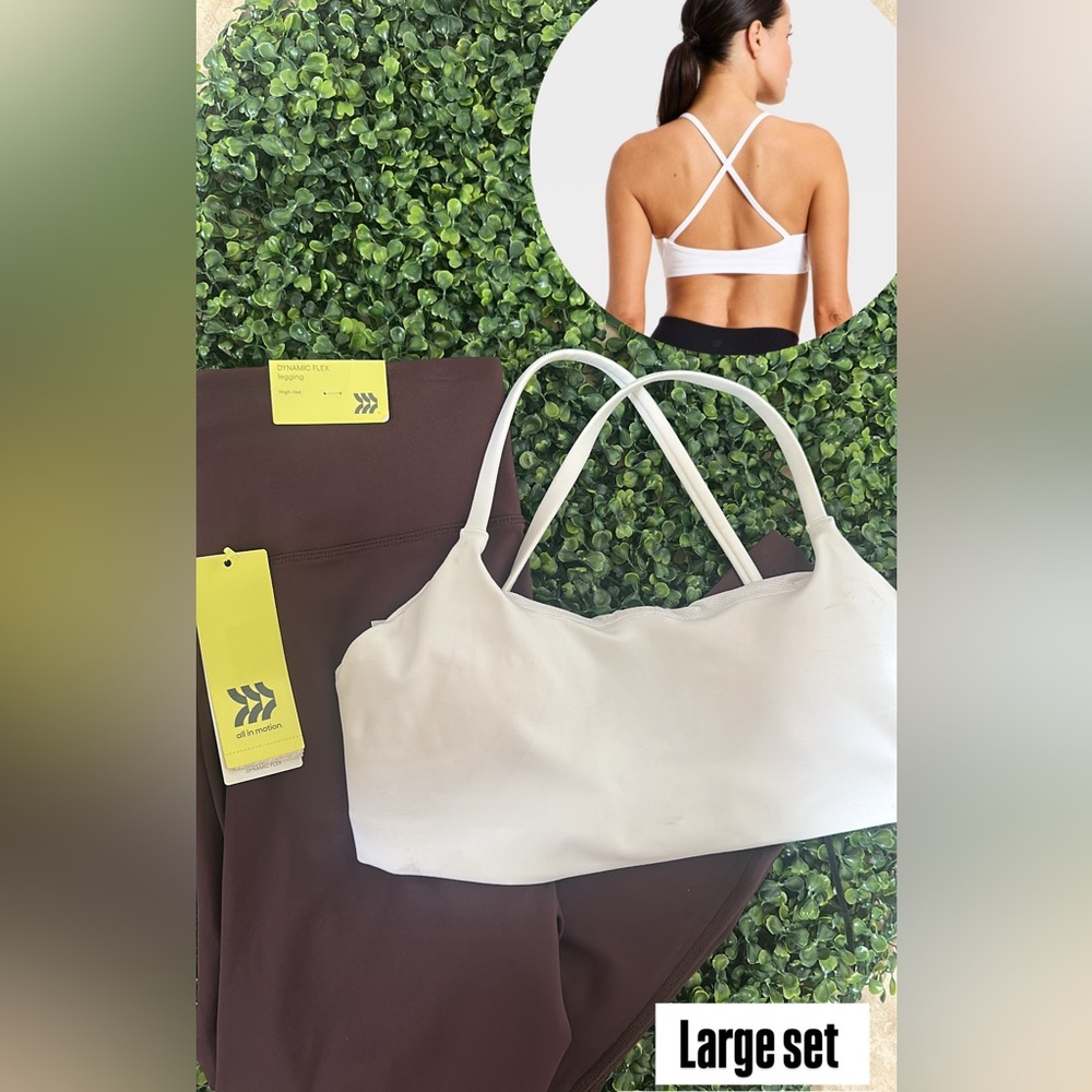 all in motion Cream Strappy Sports Bra with Brown Leggings